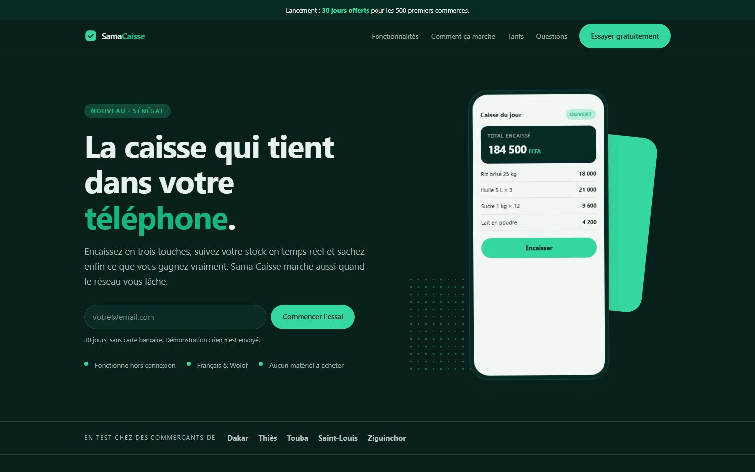 Écran d'accueil de la landing page Sama Caisse